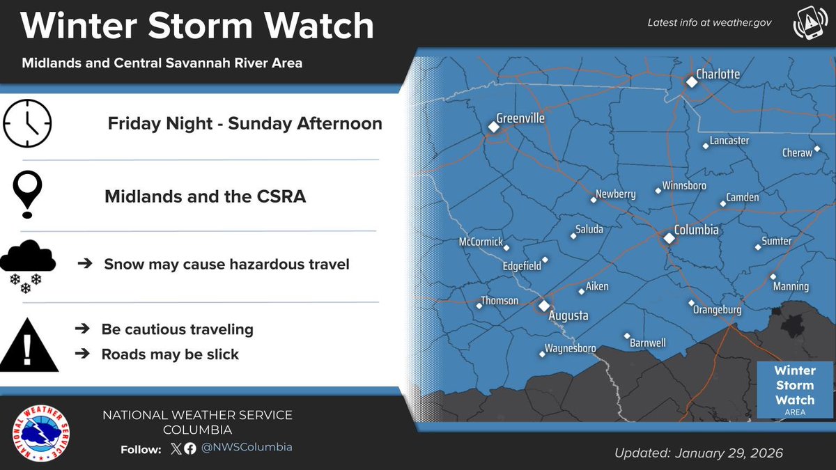 With confidence continuing to increase in an impactful snowfall this weekend, a Winter Storm Watch has been issued for Friday evening through Sunday afternoon. In addition to widespread snowfall, gusty winds and frigid temps are expected Saturday night. #gawx #scwx