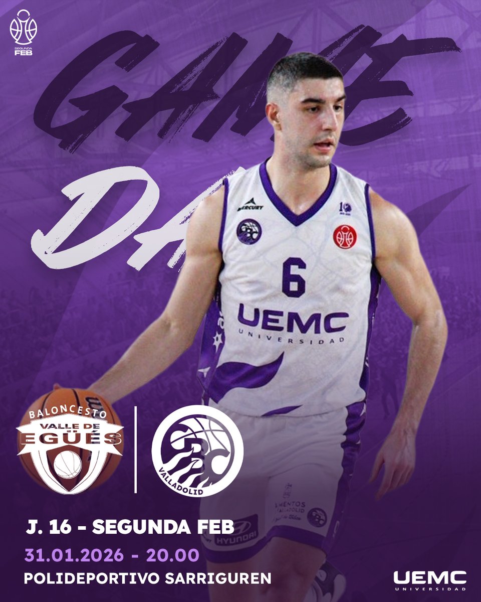 💜👊 ¡DÍA de PARTIDO! ¡Viajamos a Navarra en busca del 12º triunfo!

🆚 <a href="/EguesBaloncesto/">CB Valle de Egüés</a> 
🕛 20.00
🏟 Polideportivo Sarriguren
🏆 J16 #SegundaFEB
📺 <a href="/LaLigaPlus/">LALIGA+</a>

<a href="/UEMC/">UEMC</a> #BaloncestoValladolid