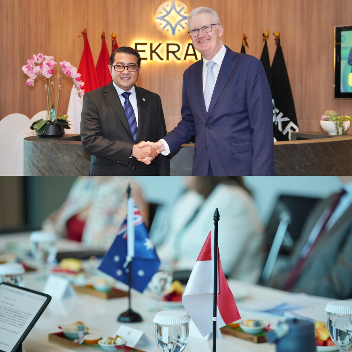 Menteri Ekonomi Kreatif/Kepala Badan Ekonomi Kreatif (Ekraf), Teuku Riefky Harsya, menerima kunjungan kehormatan Menteri Urusan Seni Australia Anthony Stephen Burke di Autograph Tower, Jakarta, Rabu (28/1/2026).

Pertemuan kedua ini merupakan lanjutan dalam upaya memperkuat