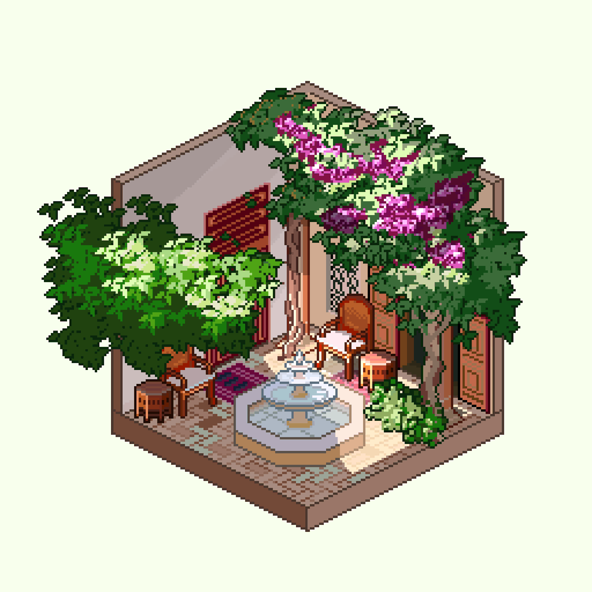 噴水のある中庭
#ドット絵 #pixelart #庭 #クォータービュー
明るい陽射しの入る中庭です