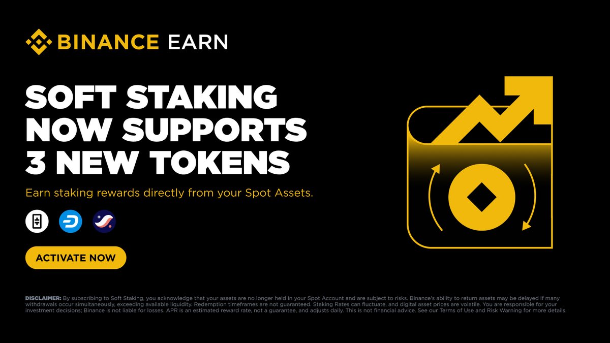 THETA, DASH, and STRK are now available on Soft Staking (18 tokens total).

Earn rewards on your Spot assets with full flexibility to trade or withdraw anytime.

Activate now 👉 app.binance.com/earn/soft-stak…
