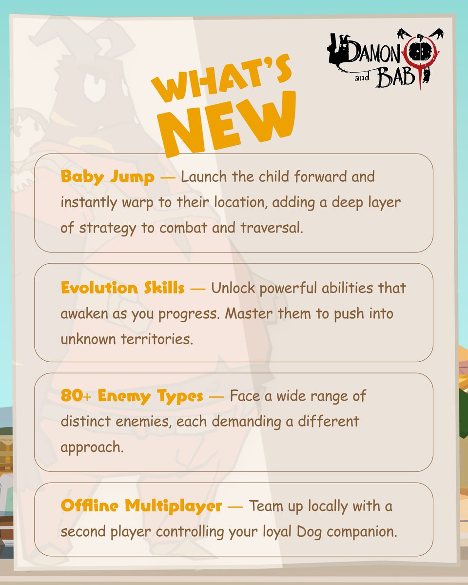 #DAMONandBABY launches 26 March 2026 🗓️

A top-down gun action adventure coming to Nintendo Switch, PlayStation 5, PlayStation 4, and Steam.