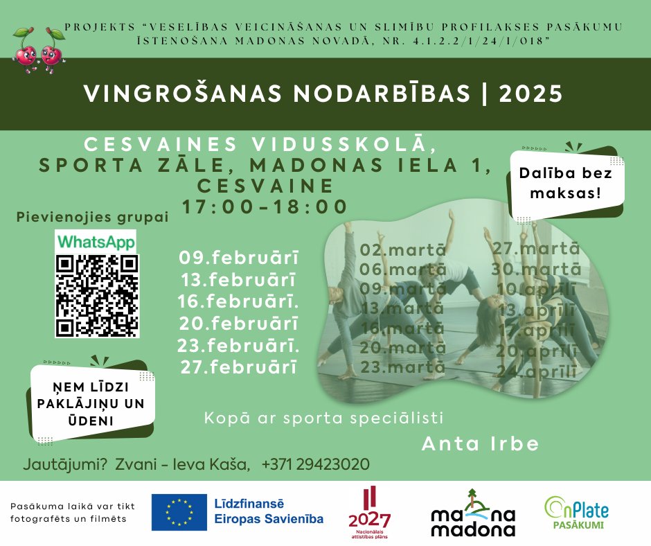 Tiek atsāktas bezmaksas vingrošanas nodarbības iedzīvotājiem arī Cesvainē!
Pirmā nodarbība plānota jau 9. februārī 17.00-18.00, Cesvaines vidusskolas sporta zālē.