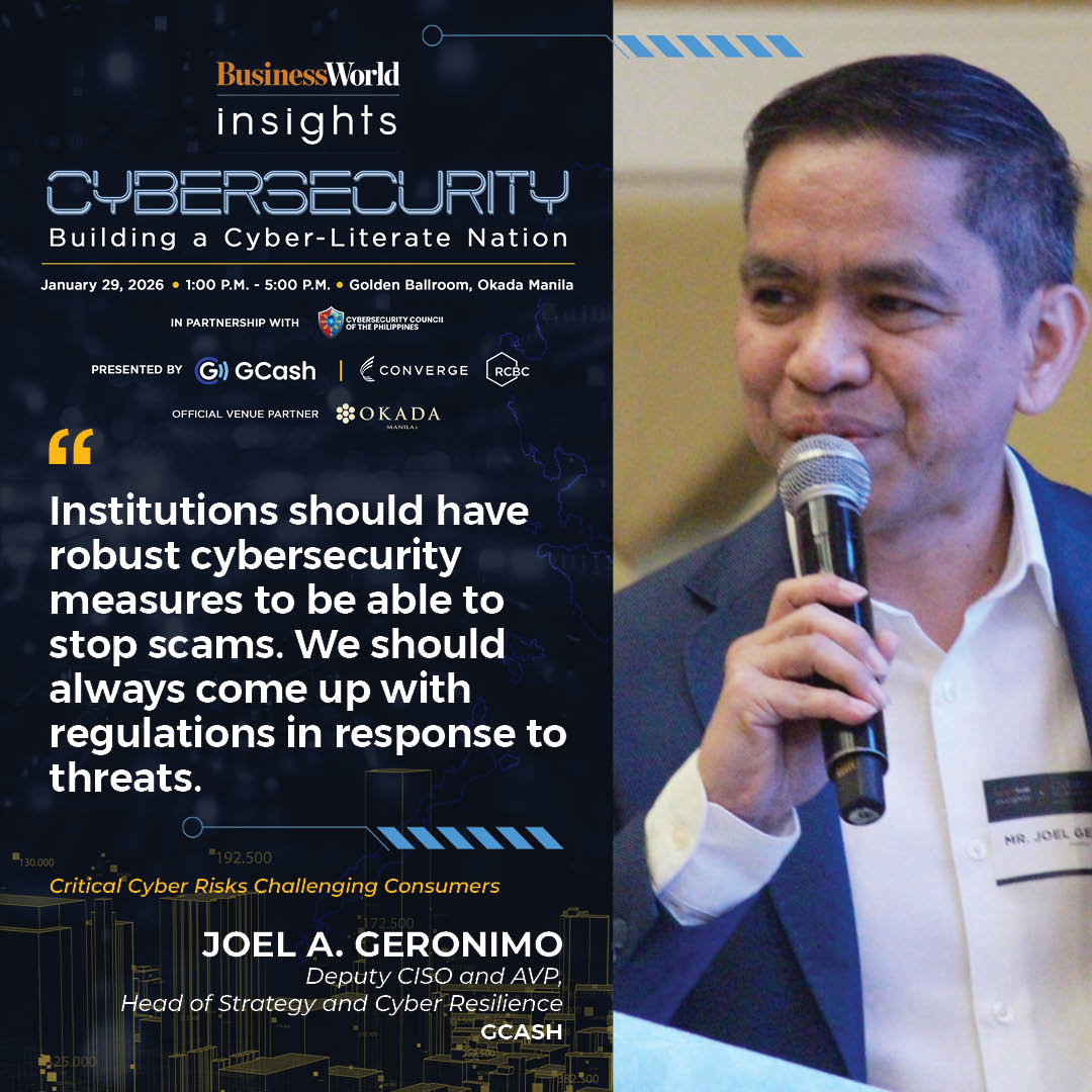 bworldph's tweet image. GCash Deputy CISO and AVP, Head of Strategy and Cyber Resilience Joel A. Geronimo suggests that organizations should have systems to address cyber threats.

#BusinessWorldInsights #Cybersecurity #CyberSafePhilippines