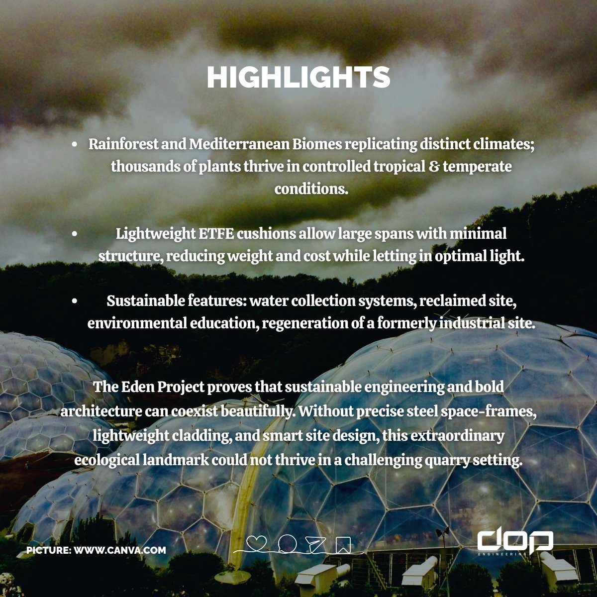 DOP_Engineering's tweet photo. Where nature and engineering breathe together, the Eden Project in Cornwall shows what happens when design meets sustainability. Steel geodesic domes, ETFE “pillows,” and reclaimed land come together to create two vast biomes that house entire ecosystems.

#EngineeringMarvels https://t.co/rSH2qtA24x