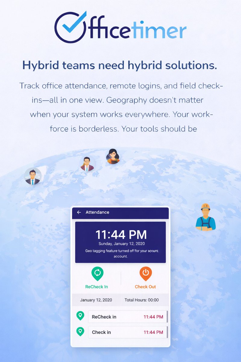 officetimer's tweet image. Hybrid teams need hybrid solutions
Track office attendance, remote logins, and field check-ins—all in one view. Geography doesn't matter when your system works everywhere. Your workforce is borderless. Your tools should be too.

#OfficeTimerSignup