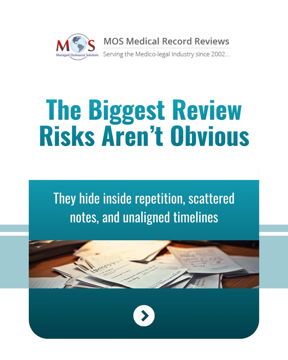 mosmedical's tweet image. Cases don’t fail from missing facts—they weaken when key differences get lost in cluttered records.

Structured medical review cuts the noise, highlights what matters, and strengthens liability, causation, and case value.

#MedicalRecordReview #CaseAnalysis #LitigationSupport