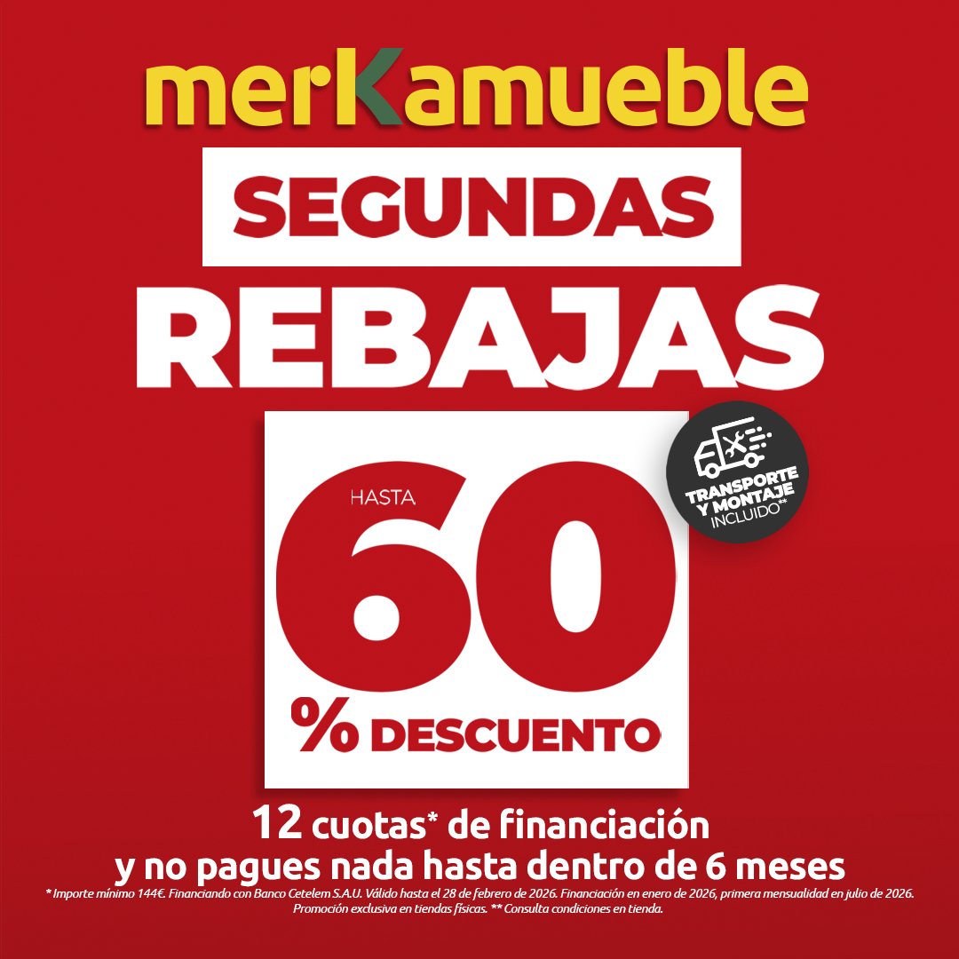 💥¡Llegan las SEGUNDAS REBAJAS de Merkamueble con precios aún más rebajados! ¡Hasta un 60%!😍
Y además, compra ahora y no pagues nada hasta dentro de 6 meses. Con el transporte y el montaje incluido.
📍 Encuentra tu tienda Merkamueble más cercana en merkamueble.com/tiendas