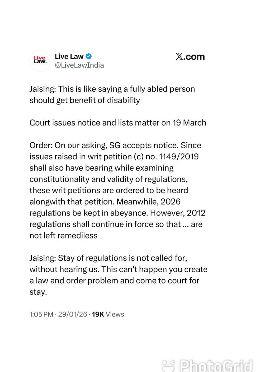 BS_Prasad's tweet photo. Congratulations #Nationalists
2026 #UGCRegulations have been #stayed.
The new #UGCNewRules were tweaked enough to turn our campuses including the elite ones like IITs into war zones and keep the majority, Hindus, divided. The UGC’s revised ‘anti-discrimination’ policy (extremely severe against the General category - most are intelligent and hard-working) come under a massive backlash and resistance from nation-proud Indians (General class, OBC class etc).
Jaisingh is the same lawyer who wants parents to have NO say if their school-going daughters are involved in sexual activities - a policy that would inevitably open school campuses to contraceptives and pregnancy clinics, pretty much similar to what we see in several US states. Many anti-India forces are hell-bent on turning our young and campuses into war zones filled with violence, debauchery and other filth.
The Supreme Court's Stay on the UGC Guidelines has dangerous political impact for the BJP if it continues to be inactive or passive. believing that the matter has been resolved. The party has to work harder to win back the trust of the General Category.