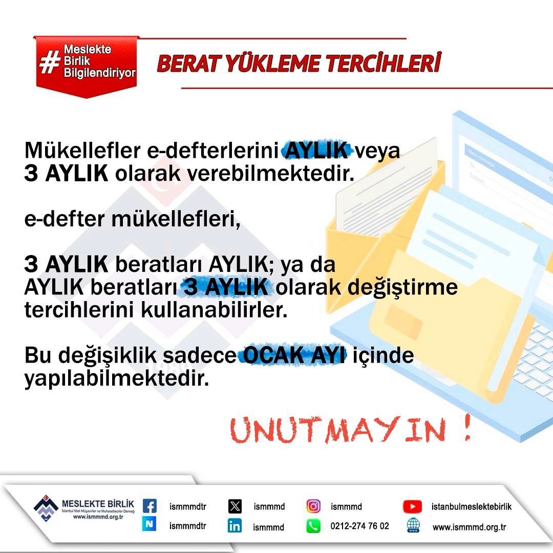 ℹ️ E-Defter yükleme tercih değişikliği, ilgili mevzuat kapsamında Ocak ayı içerisinde yapılabilmektedir.

🗓️ 31 Ocak 2026 tarihinin hafta sonuna denk gelmesi nedeniyle, tercih değişikliği işlemleri 02 Şubat 2026 Pazartesi günü sonuna kadar gerçekleştirilebilecektir.

#ismmmd