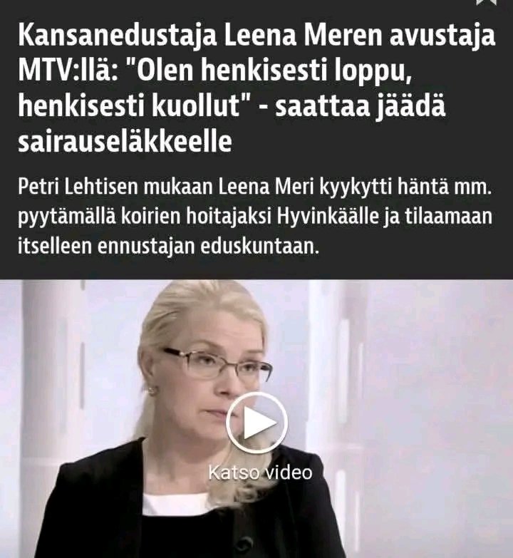 taskinen_reijo's tweet photo. Täällä se oikea kiusaaja luuraa. Leena Meri kiusasi  avustajansa sairaseläkekuntoon .Siinä meillä ministeri. https://t.co/eCpbqAh3wO