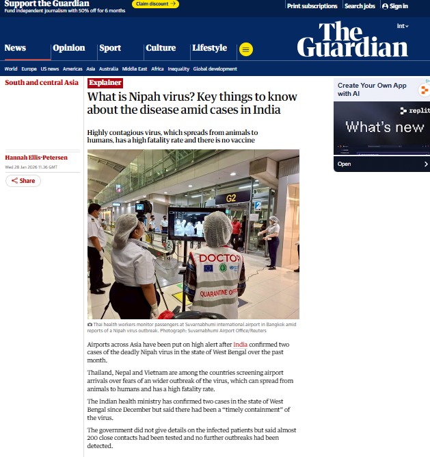 Intl_Politics_'s tweet image. ‼️ India Virus – A Global Threat ‼️

New Nipah cases confirmed in West Bengal, death rate 40–75% 🔥
Healthcare workers affected, 100+ quarantined, global alert 🚨

No vaccine or treatment yet; international flights &amp;amp; mass gatherings at risk!

#NipahVirus #IndiaVirus #GlobalAlert