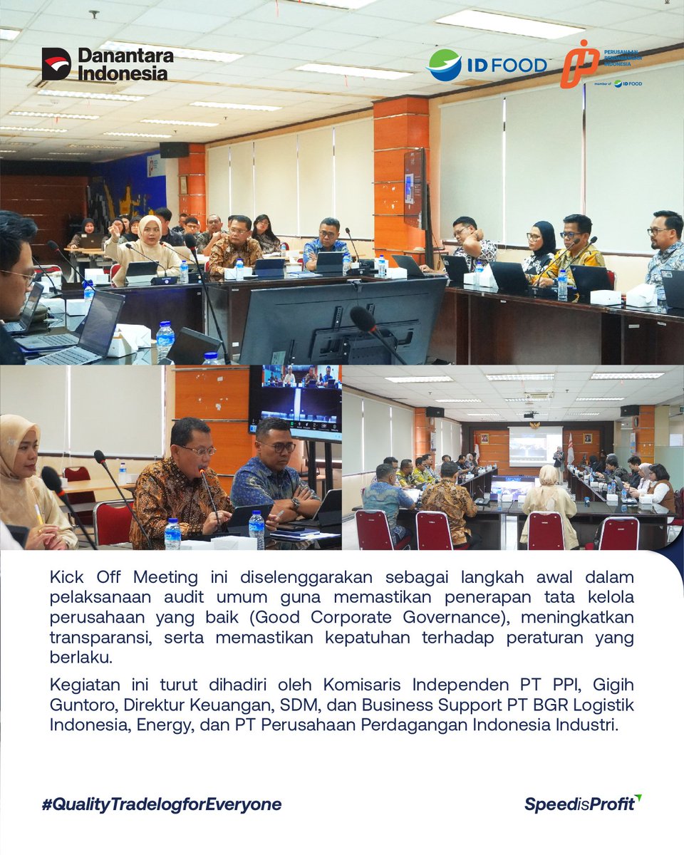 Halo #SobatDagang

PT Perusahaan Perdagangan Indonesia (PPI) menggelar Kick Off Meeting Audit Umum PT PPI Group Tahun Buku 2025 yang dibuka oleh Direktur Keuangan, Manajemen Risiko, SDM dan Umum PT PPI, Oksan Omas M Panggabean di Grha PPI, Jakarta pada Rabu (28/01/2026).