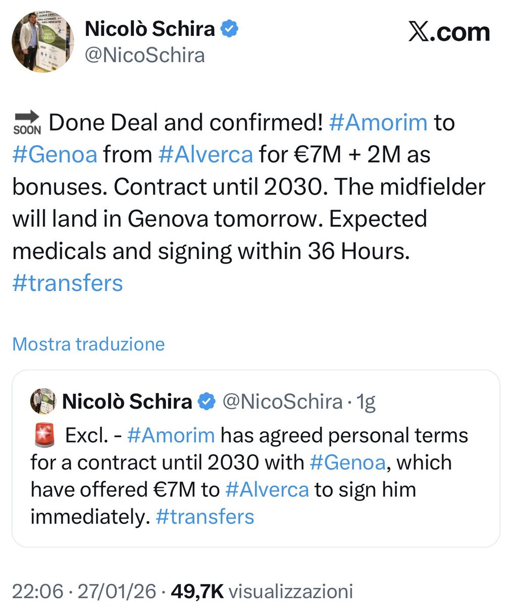 NicoSchira's tweet image. Now it’s official! #Amorim to #Genoa from #Alverca for 7M + 2M as bonuses. Contract until 2030. No surprise here and confirmed! #transfers