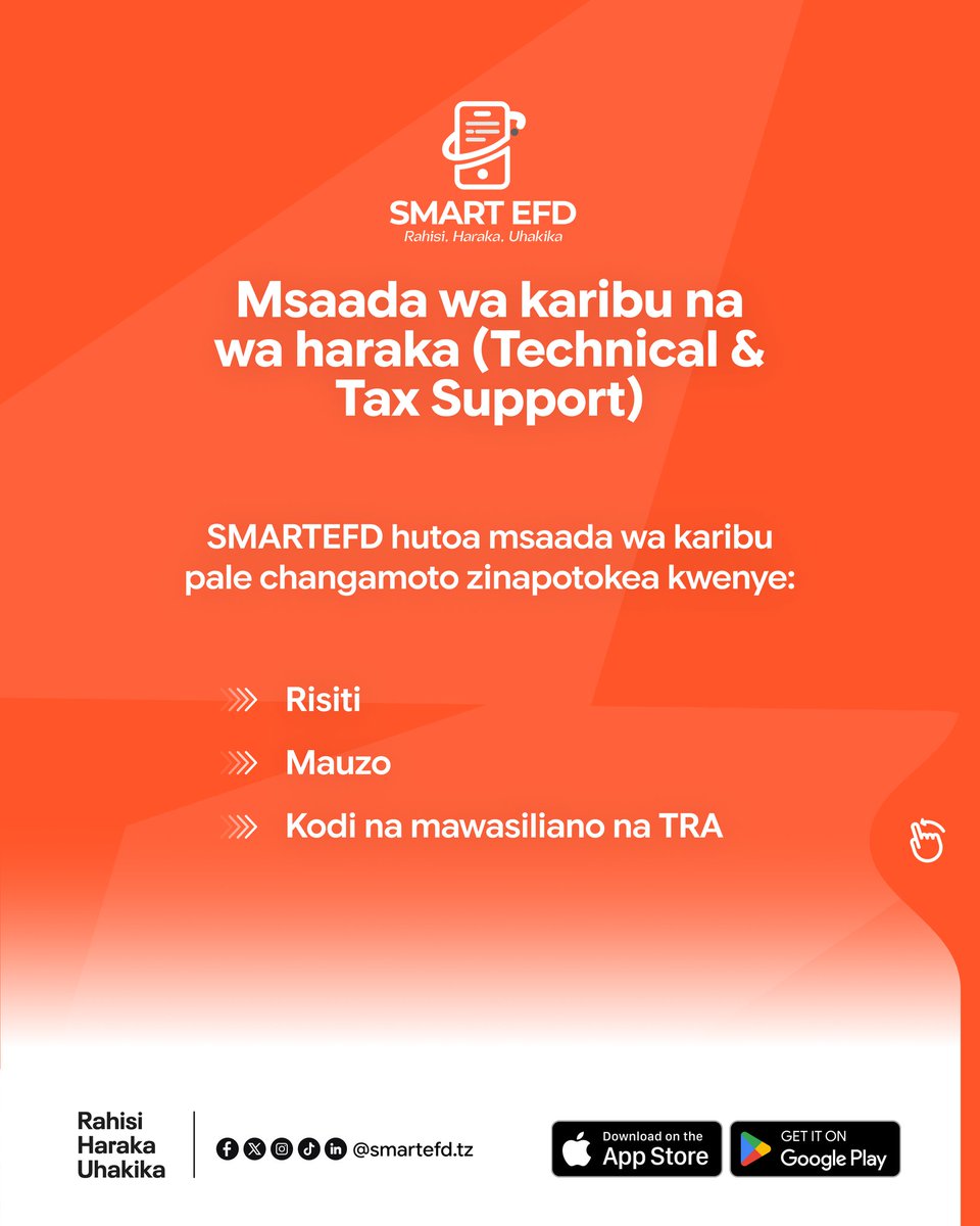 SmartEFD's tweet photo. Kwa nini Smart EFD?

Kwa sababu biashara yako inahitaji urahisi, uharaka na uhakika, katika utoaji risiti zilizothibitishwa na Mamlaka ya Mapato Tanzania @TRATanzania na usimamizi wa biashara yako.

#SmartEFD https://t.co/UXJM93MK2w