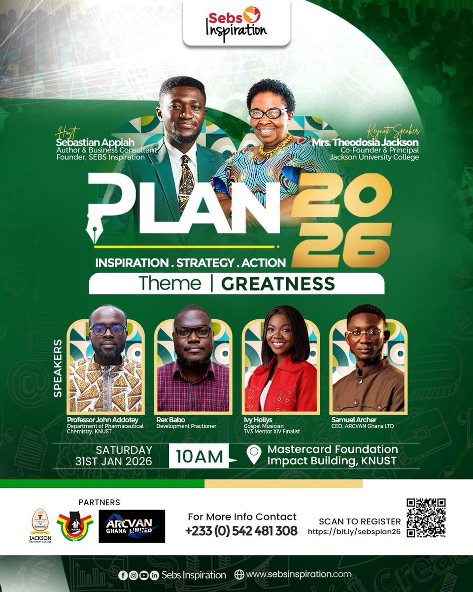 Learn how to position yourself for greatness in 2026 by joining one of Ghana’s most inspiring events right here in Kumasi… PLAN 2026: Achieving Greatness 💪🏽

REGISTER NOW: bit.ly/sebsplan26