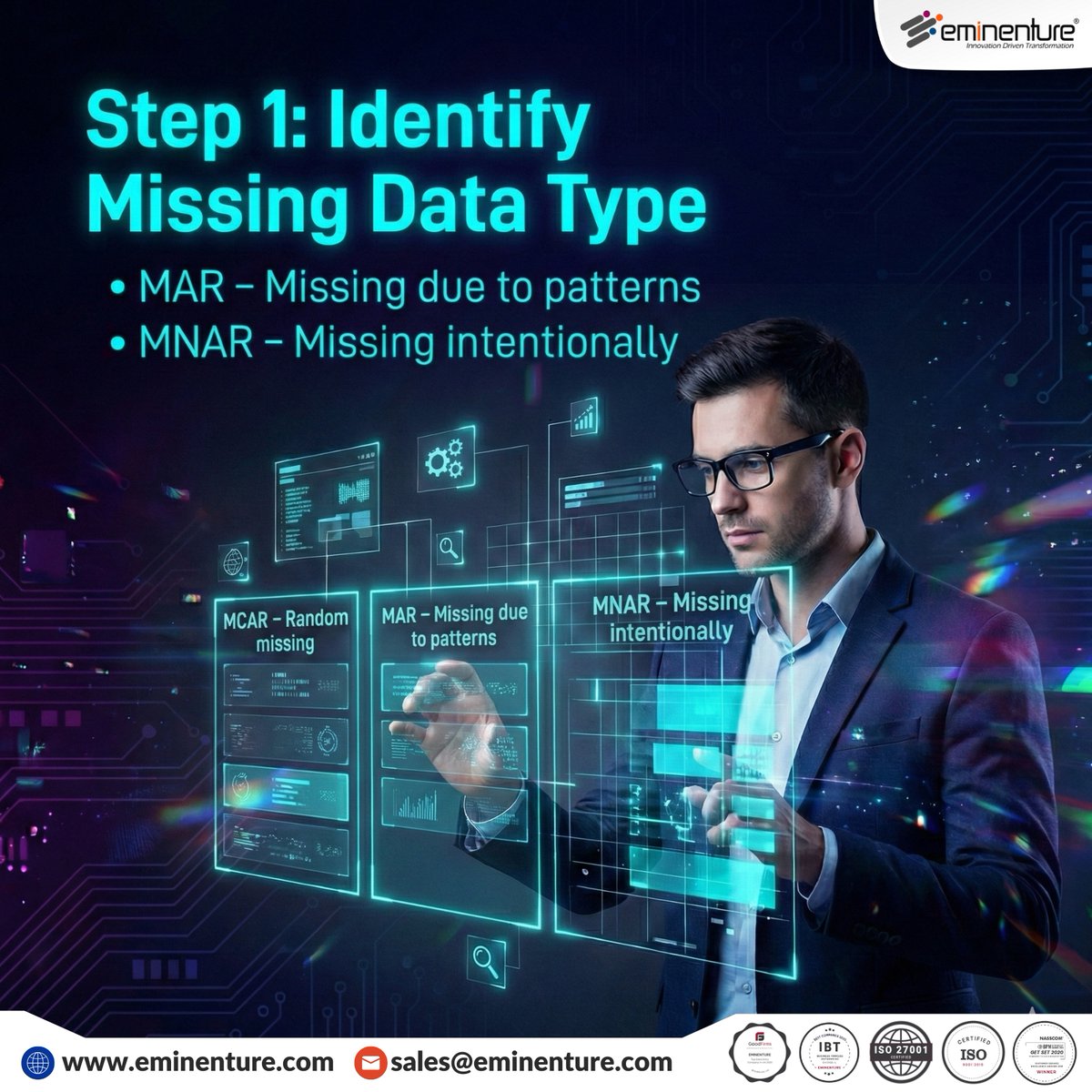 Eminenture's tweet photo. Missing data can skew insights and slow down decision-making—but it doesn’t have to. Use data validation rules, automated checks, &amp; smart imputation techniques to fill gaps and ensure accuracy. 
#MissingData #DataCleansing #DataQuality #BusinessIntelligence #Analytics #Eminenture https://t.co/zeOgbARvzt