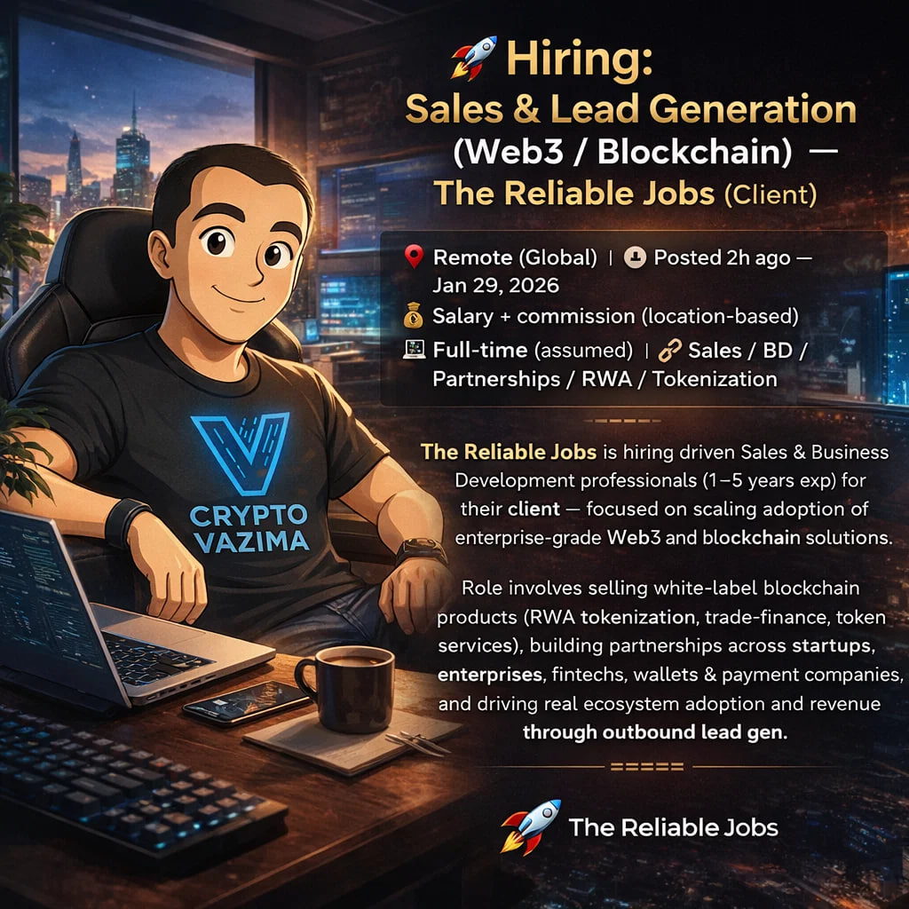 🚀 Hiring: Sales & Lead Gen (Web3/Blockchain) — Remote Global 📍 Remote  (Global) | 💼 Full-time (assumed) | 🧑‍💻 Sales / BD / Partnerships | 💰  Salary + commission | 🕐 Posted