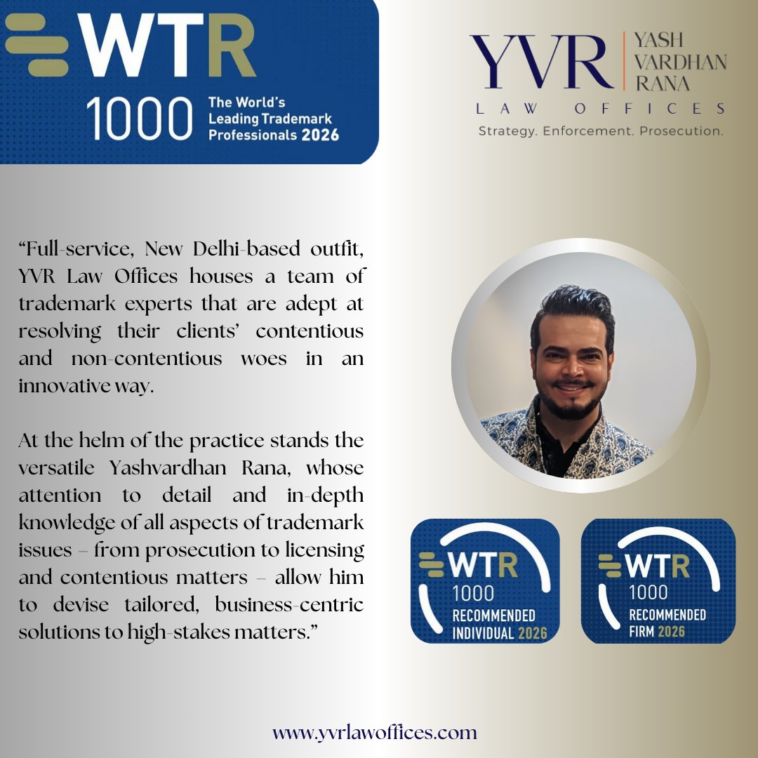 YVRLawOffices's tweet photo. Thrilled to be recognized again as Leading Individual in WTR 1000 – 2026 for Prosecution &amp; Strategy + Enforcement &amp; Litigation. @YVRLawOffices also ranked Leading Firm in Prosecution &amp; Strategy. Grateful to clients, team, and peers. This belongs to all of us. #WTR1000 #Trademarks https://t.co/KleVZBQIiw