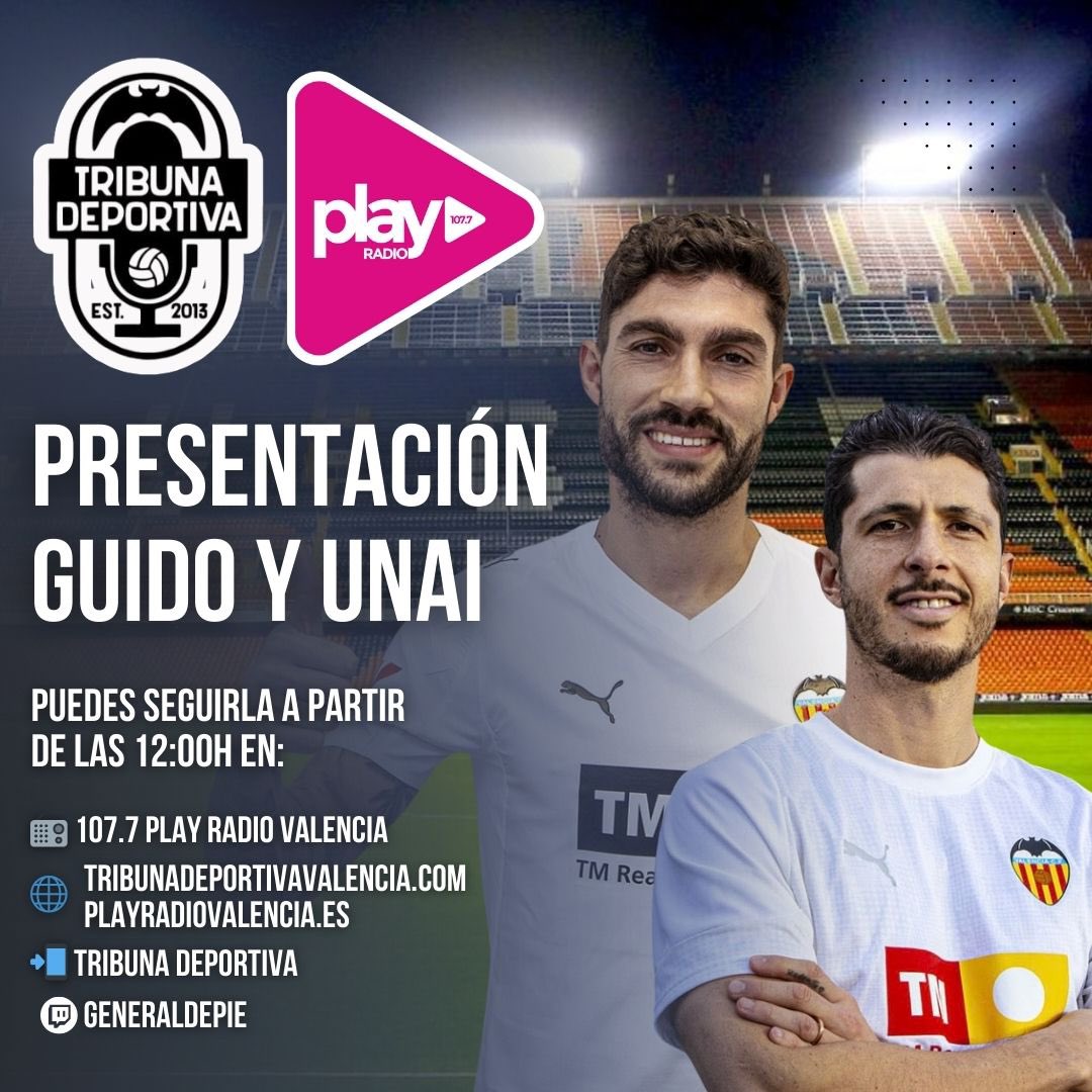 📻 En unos minutos arranca el acto de presentación de Guido Rodríguez y Unai Núñez como nuevos jugadores del <a href="/valenciacf/">Valencia CF</a> 
 
🎧Puedes escucharla en directo en la app y web de <a href="/TribunaVCF/">Tribuna Deportiva</a>

📻 También en la 107.7 <a href="/playradiovlc/">Play Radio Valencia</a> y su web

📺 Twitch: generaldepie