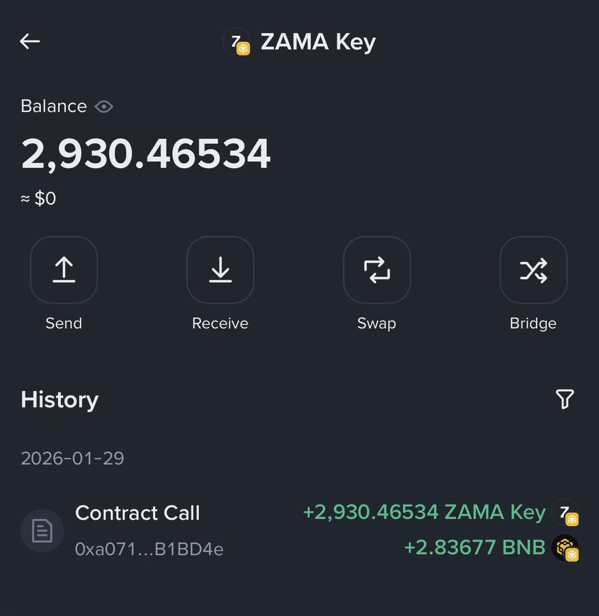 Binance wallet ZAMA Prime TGE subscribe 

3BNB refund 2.83677 BNB

Received 2930.465 ZAMA key 🔑 x2 bonus

Total 5860.92 ZAMA Key 🔑