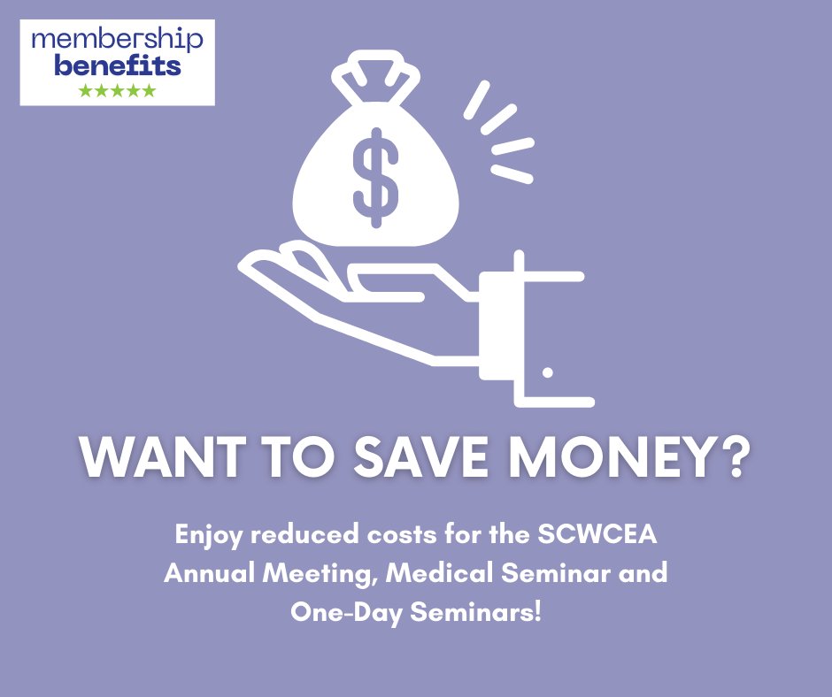 💸 Save while you learn!

SCWCEA members enjoy reduced costs for the Annual Meeting, Medical Seminar, and One-Day Seminars.
Renew today and save all year long.
👉 Join or renew: scwcea.org/join-us 

#SCWCEA #MemberBenefits #ProfessionalDevelopment