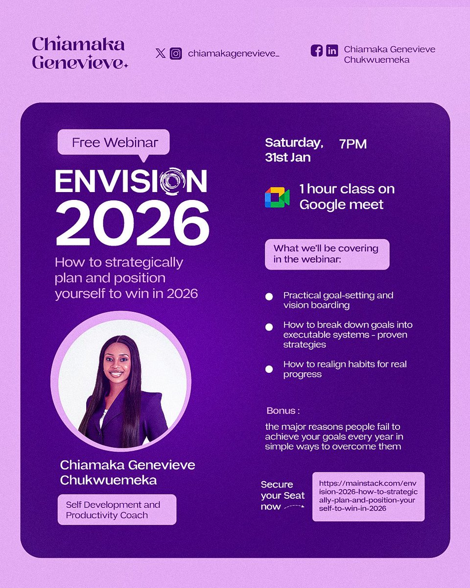 I am hosting a FREE webinar this weekend and I think you should be there. Check the flyer for all the details. To register, click the link below 

mainstack.com/envision-2026-…
Check out the second confirmation email after registration for the link to the WhatsApp group.