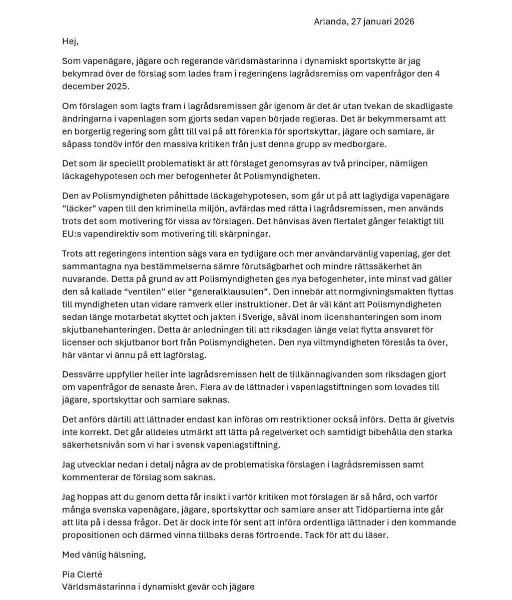 De förslag som Tidöpartierna lagt fram i lagrådsremissen om ny vapenlag är de skadligaste mot jakt, skytte och samling någonsin sedan vapen började regleras.
Propositionen väntas 17 februari. Än är det tid att protestera.

Skriv till ledamöterna i Justitieutskottet!

🧵1/9