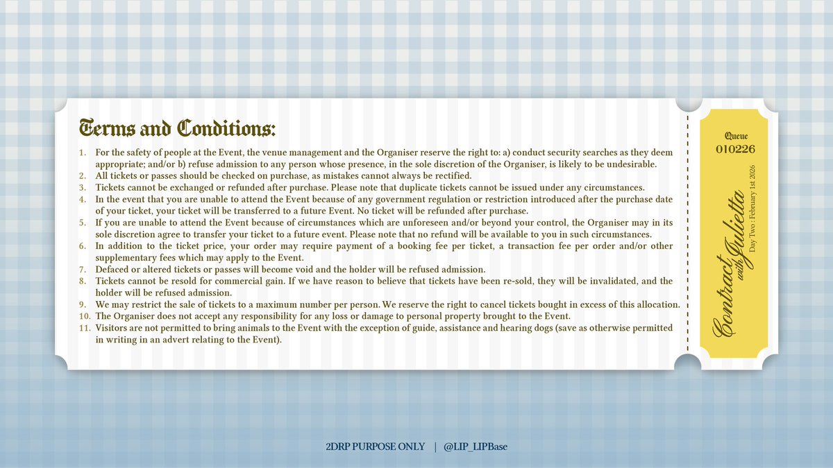 ㅤ 
ㅤ 𝐓𝐈𝐂𝐊𝐄𝐓 — 𝐁𝐎𝐓𝐇 𝐃𝐀𝐘𝐒
ㅤ ¥5500/2 days

ㅤ REPOST/QUOTE TO BUY
ㅤ