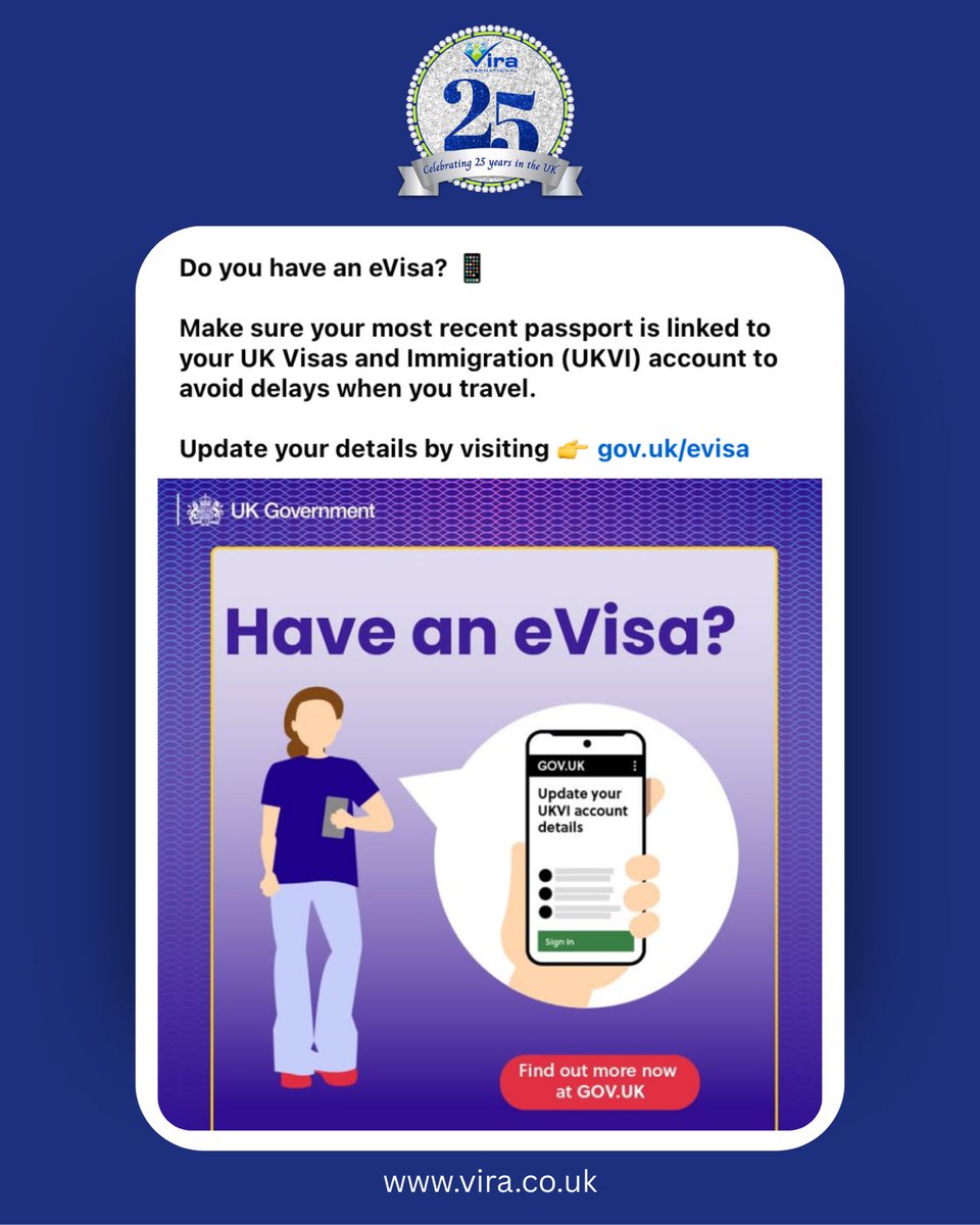 ✈️ Do you have an eVisa?
Before you travel, make sure your latest passport is linked to your UKVI account to avoid delays at the border.

Updating your details is quick and easy — just visit gov.uk/evisa

A few minutes now can save a lot of stress later!

✅ Stay