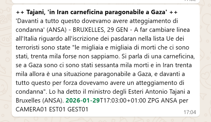 Ho dovuto leggerlo due volte perchè non riuscivo a credere che il Ministro degli Esteri <a href="/Antonio_Tajani/">Antonio Tajani</a>  paragonasse (un tanto al kg) Israele all' Iran.
O l'Iran a Israele, fate voi.

A questo punto è doveroso aspettarsi che tragga le dovute conseguenze. 
In un senso o nell'altro