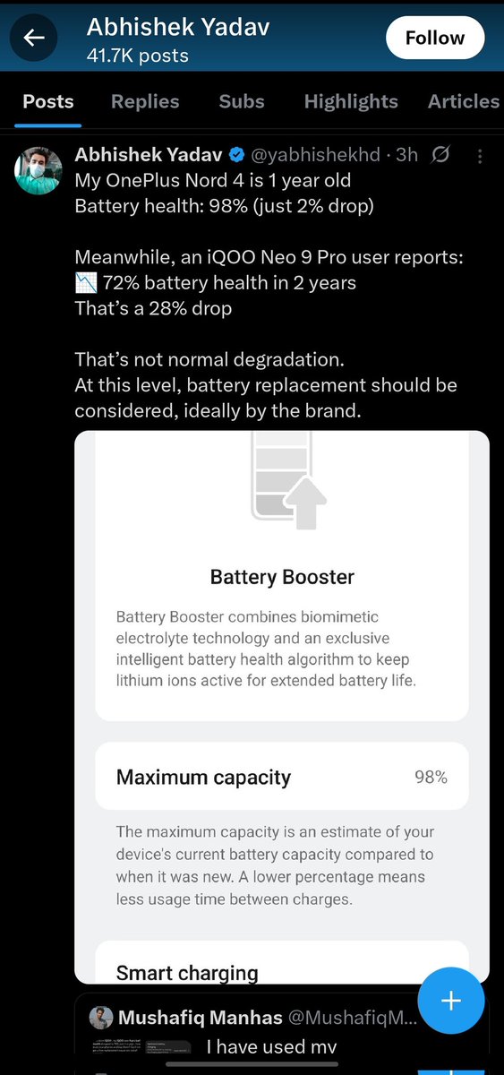 BiswasArindam95's tweet image. Good to see,some creators are rising iQOO Neo 9 Pro' battery degradation issue on X. iQOO Neo 9 Pro users raise this concern on Twitter/X till iQOO listen to your voice and fix this abnormal issue. Brands should be responsible to their users. @IqooInd

#iQOONeo9Pro #OriginOS6