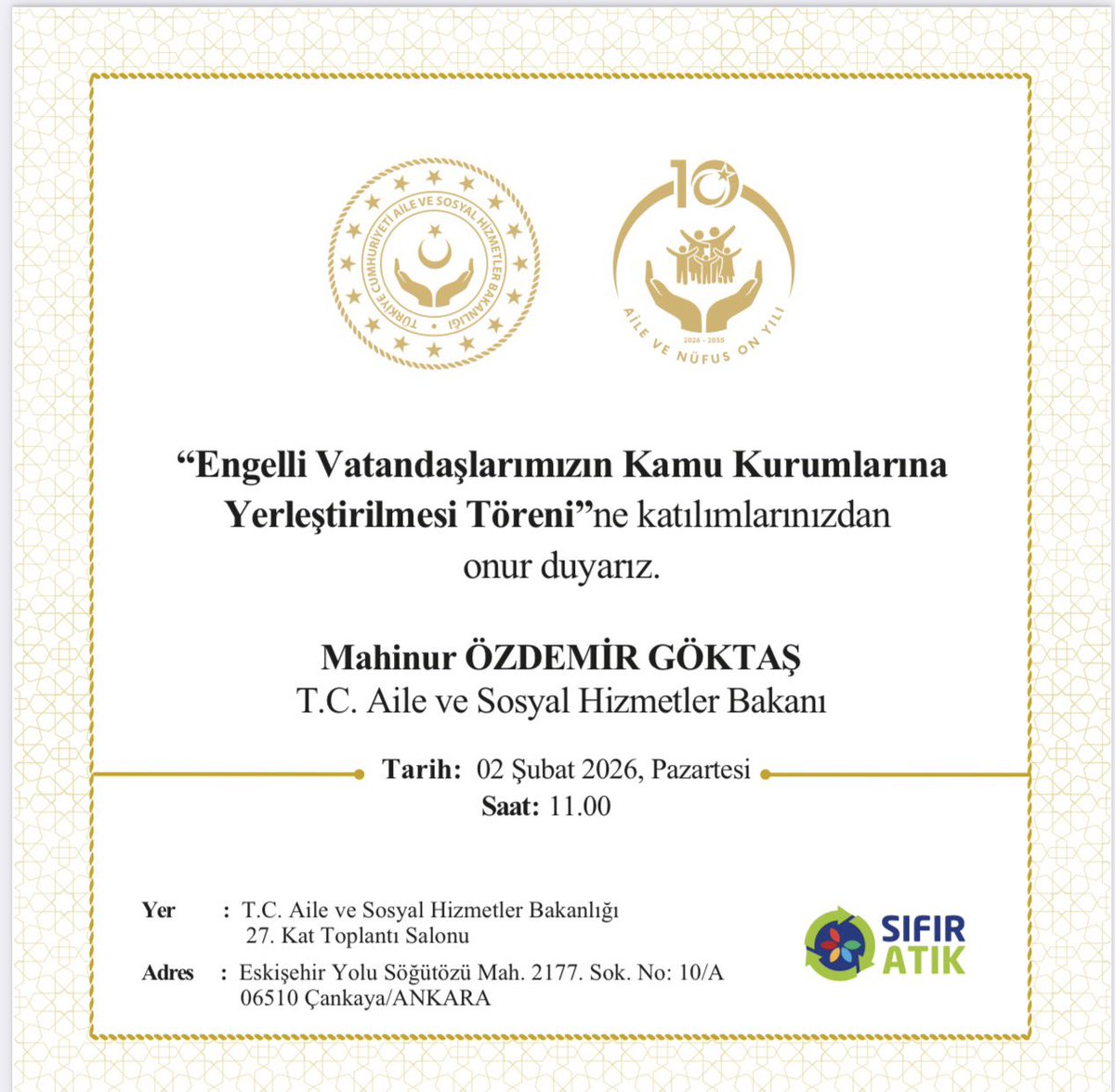 EngellilerKonf's tweet photo. BÜYÜK GÜN GELDİ: EKPSS YERLEŞTİRME SONUÇLARI AÇIKLANIYOR! 

Beklenen müjde nihayet geldi! Binlerce adayımızın merakla beklediği kamu kurumlarına yerleştirme süreci tamamlanıyor. 

Aile ve Sosyal Hizmetler Bakanımız Sayın Mahinur Özdemir Göktaş’ın katılımıyla gerçekleştirilecek olan yerleştirme töreniyle birlikte, yerleştirme sonuçları erişime açılacaktır.

📍 Tören Bilgileri:
🗓 Tarih: 2 Şubat 2026, Pazartesi
🕚 Saat: 11.00
🏢 Yer: Aile ve Sosyal Hizmetler Bakanlığı

Tüm adayların emeklerinin karşılığını almasını ve sonuçların ülkemiz ile tüm engelli camiası için hayırlara vesile olmasını temenni ediyoruz. 

Gözünüz kulağınız duyurularda olsun!

#EKPSS #AtamaMüjdesi #EngelliHakları #KamuAtamaları #engelli