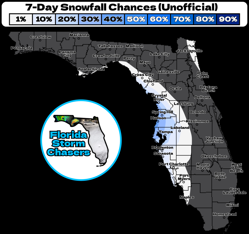 ❄️SNOW CHANCES!❄️
UPDATE: Here is a look at the latest snow chances across #Florida! Chances have been expanded all the way south to Naples, and chances around Tampa are at 20-30%, with areas closer to the coast nearly being at a 50%! We'll keep you updated!

#wx #flwx