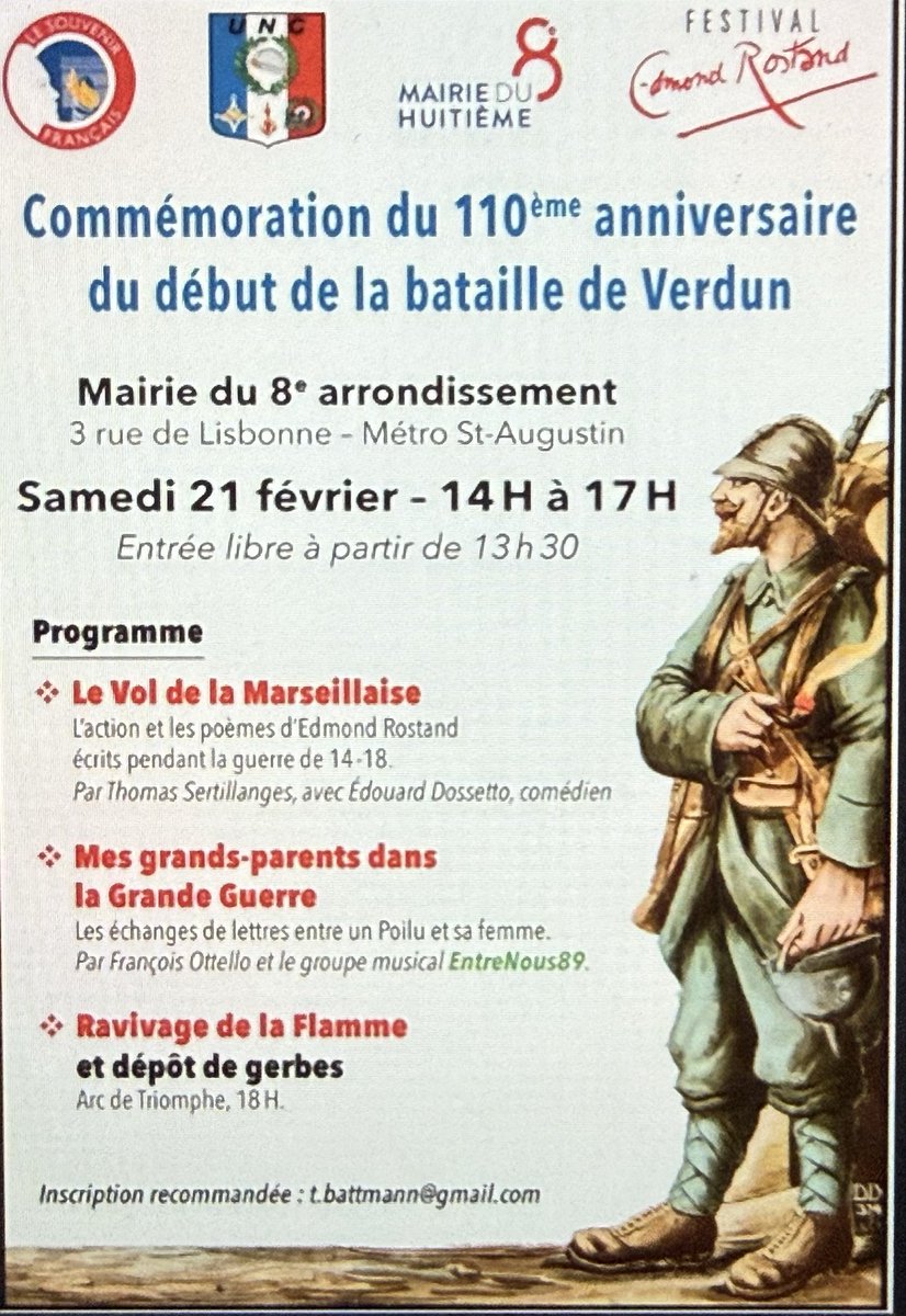 Pour commémorer le début de la bataille de #Verdun nous vous proposons d’assister le samedi 21 février, 14h,  à un spectacle historique gratuit, mairie du 8e arrondissement de Paris 
Suivi d’un dépôt de gerbes à l’Arc de Triomphe