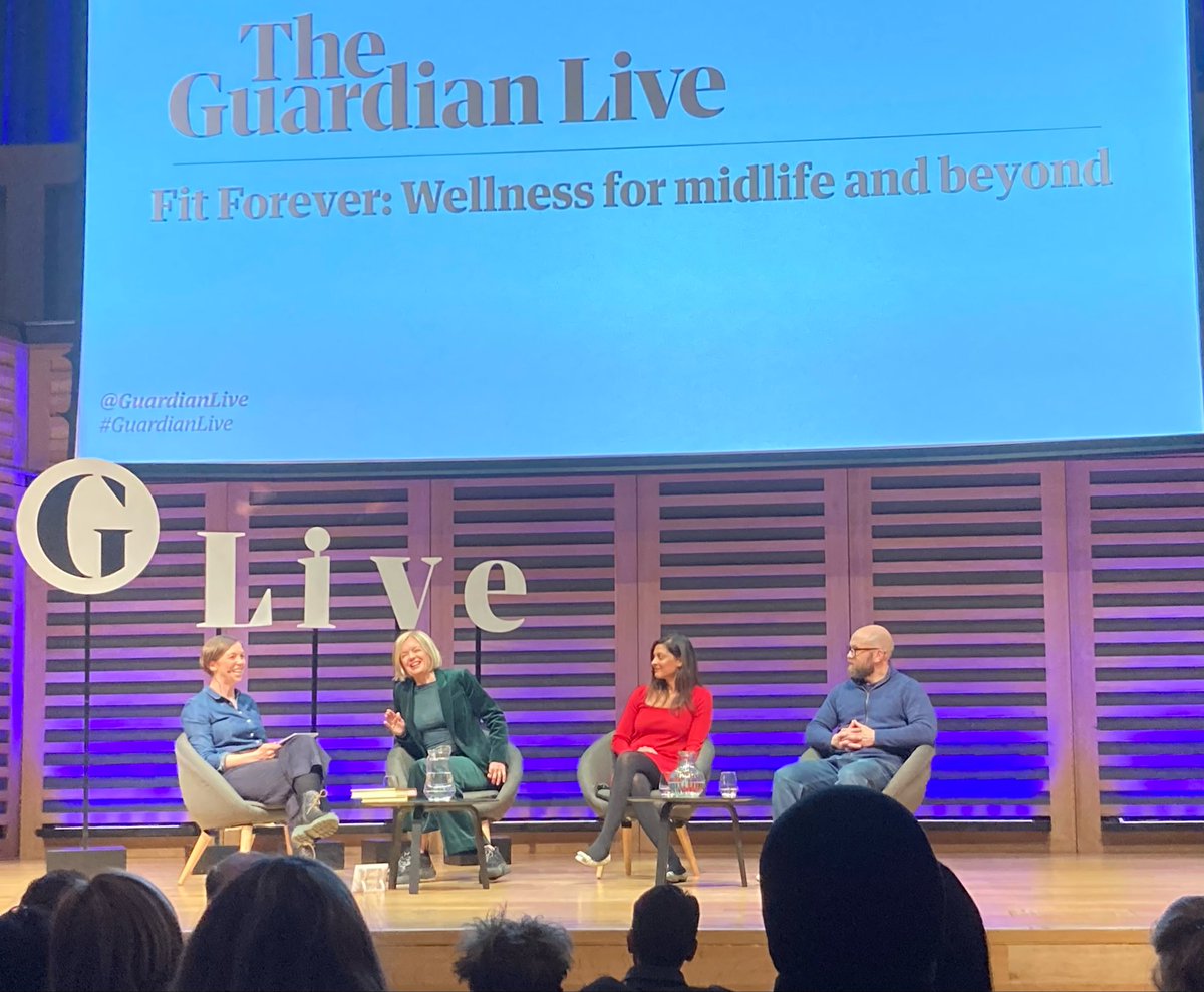 MaggyPigott's tweet photo. Great discussion on being ‘Fit Forever’ stressing importance of #exercise, balanced #diet, #sleep….
 Mariella Frostrup, @devisridhar &amp; Joel Snape shared excellent
advice and tips
(Delighted/relieved it chimes 100% with my little #book ‘How to #Age Joyfully’! 😀👍🏻)
#GuardianLive https://t.co/RiL5RtyvsD