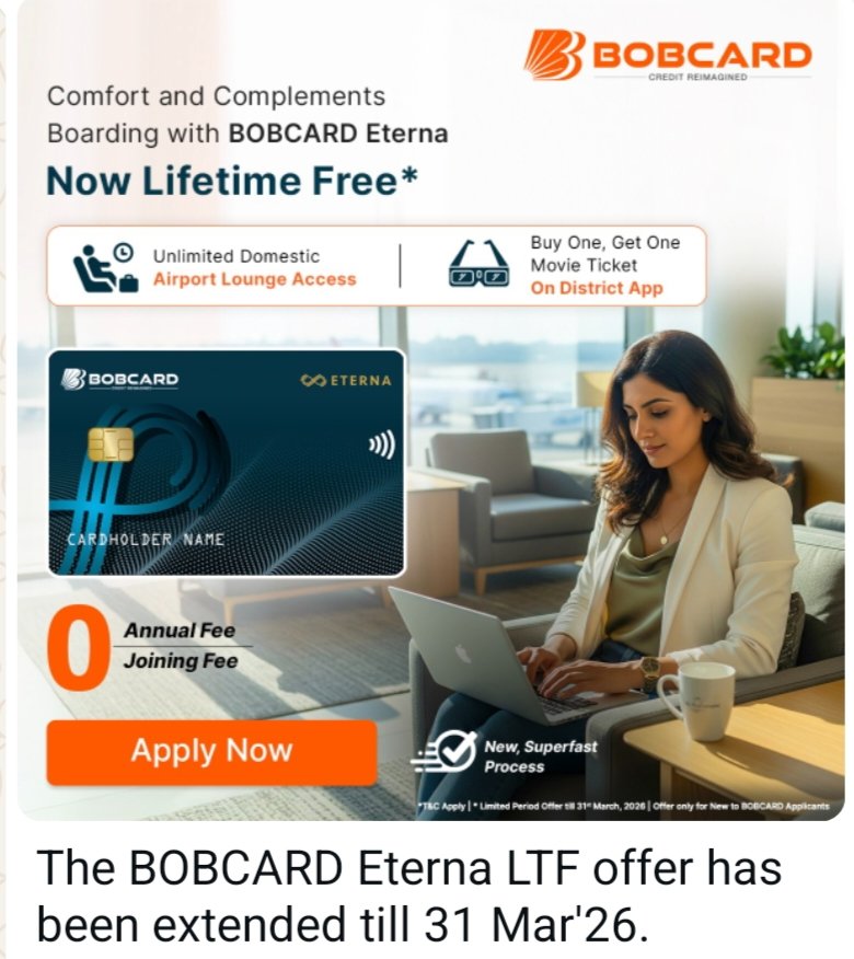🧲Grab a premium #Creditcard "BOB Eterna" as Life Time Free till 31st Mar'26🔥

❌No joining/annual fee❌

👉Apply: tinyurl.com/BOB-Eterna-LTF…

✈️ Unlimited Domestic Lounge Access  on min spend Rs 40K in previous qtr, even on add-on cards also.

📽️ B1G1 movie tkt upto Rs 250 on