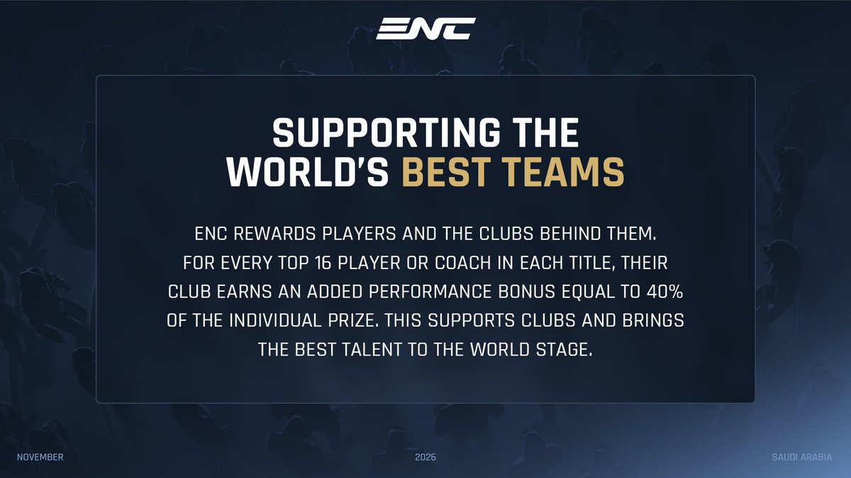 ENC is committing $45 million USD, and every participant is guaranteed to earn a share by qualifying.  

All players (and coaches) will receive an equal prize amount for the same placements across all titles, with first place earning $50,000 USD per person.
