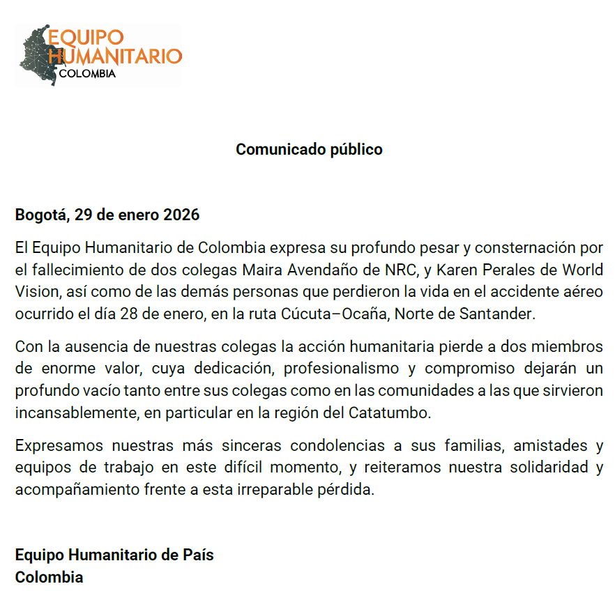 OCHACOLOMBIA's tweet photo. El EHP expresa su pesar por el fallecimiento de las colegas Maira Avendaño (NRC) y Karen Perales (World Vision), y de las demás personas que perdieron la vida en el accidente aéreo ocurrido el 28 de enero, en la ruta Cúcuta–Ocaña. 

Conozca el comunicado: https://t.co/ikE4zWXXuQ https://t.co/oHTdiGQfV5