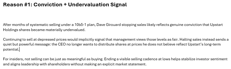 PerchLittle's tweet image. $UPST 

When a CEO who had consistently sold shares stops, ask yourself why. 

My top 2 reasons are below.