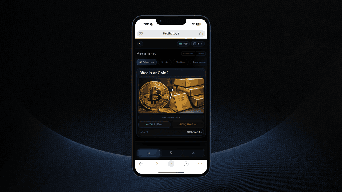 thatapp's tweet image. if you could go all in on what performs better in 2026, 2x profits if you're right,
which side are you swiping?

Bitcoin or Gold?
This or That?