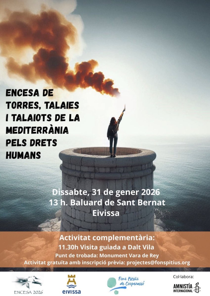 ✌🏽🔥#Eivissa acogerá el sábado 31 de enero de 2026 la Encesa de torres, talaies i talaiots de la #Mediterrània pels drets humans.

🔗 ibiza-click.com/eivissa-partic…

#IbizaClick #DDHH #DerechosHumanos #Ibiza #EivissaPelsDretsHumans #AgendaIbiza