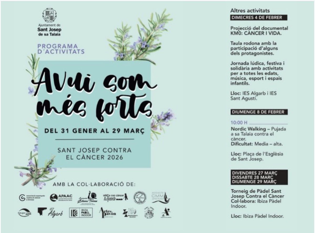 🫂💐 El municipio de #SantJosepDeSaTalaia celebra entre el 31 de enero y el 29 de marzo de 2026 una nueva edición de Sant Josep #ContraElCàncer, una iniciativa solidaria que reúne actividades culturales, deportivas y divulgativas. 

🔗 ibiza-click.com/nueva-edicion-…

#IbizaClick
