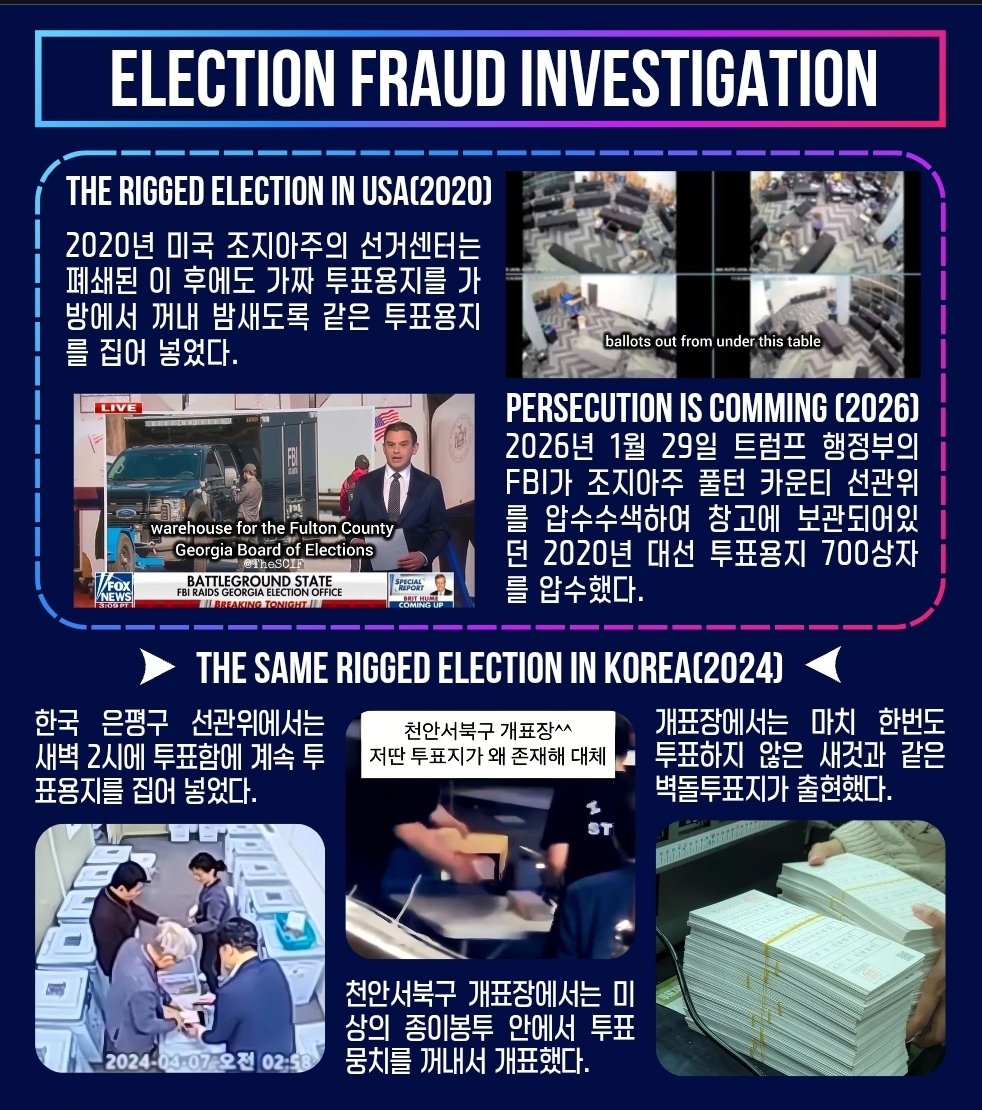 미국과 한국에서 부정선거는 실제로 일어났음에도 불구하고 좌파 레거시 미디어는 이 사실과 진실을 은폐하고 사람들에게 숨기려 했습니다. 그러나 어둠은 빛을 이길 수 없습니다. 

2026년 미국정부는 부정선거의 실체를 폭로하고 정의를 실현하며 진정한 민주주의를 회복시킬 것입니다. 그 후 정의의