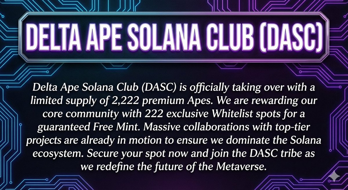 DASC_solana's tweet image. 💎 Project: Delta Ape Solana Club (DASC) 
📦 Supply: Limited to 2,222 
🎟️ WL: 222 Exclusive Free Mint Spots
👀Drop Sol wallet

We are taking over the Solana ecosystem. Massive collaborations with top-tier projects are already confirmed. Secure your spot and join the tribe. 🦍