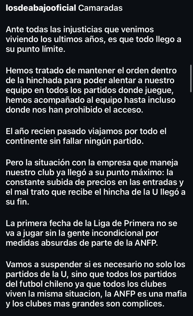 JERAZUL1927's tweet photo. 🚨LDA amenaza BOICOTEAR la primera fecha del campeonato nacional, no sólo el partido de la @udechile vs Audax, si no que todas las otras fechas. 

Realiza un llamado a no ingresar a la galería sur el día de mañana y el que haga caso omiso, lo verán como en contras de sus ideales https://t.co/BcYYlfMsnE