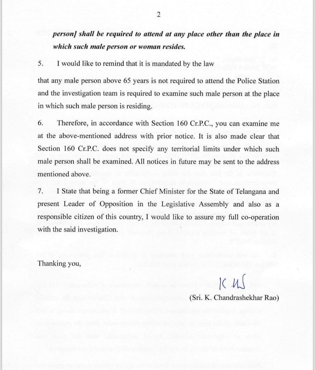 KCR's request to SIT in phone tapping case: 

" I am a senior citizen, cannot  come for investigation" 

Unavailable Tomorrow: He cannot appear on Jan 30 due to urgent work authorizing candidates for the upcoming municipal elections.

He used Section 160 of the CrPC, which states