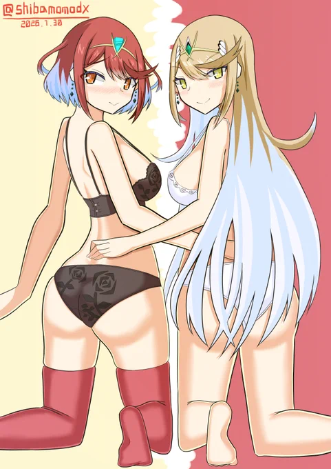 下着姿なホムラちゃんとヒカリちゃん #ゼノブレイド2 #ホムラ #ヒカリ #XenobladeChronicles2 #Pyra #Mythra