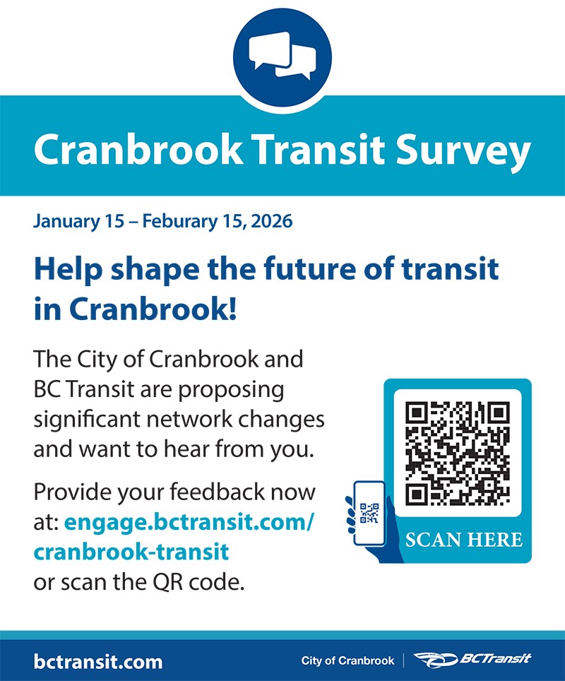 cityofcranbrook's tweet photo. #Cranbrook, let’s talk transit. Big changes are being explored &amp; your voice matters. Share your feedback on proposed @BCTransit network changes from Jan. 15–Feb. 15, 2026. Take the survey @ https://t.co/Mq8Kz9dZQX. #CommunityInput https://t.co/iNgtlek82z