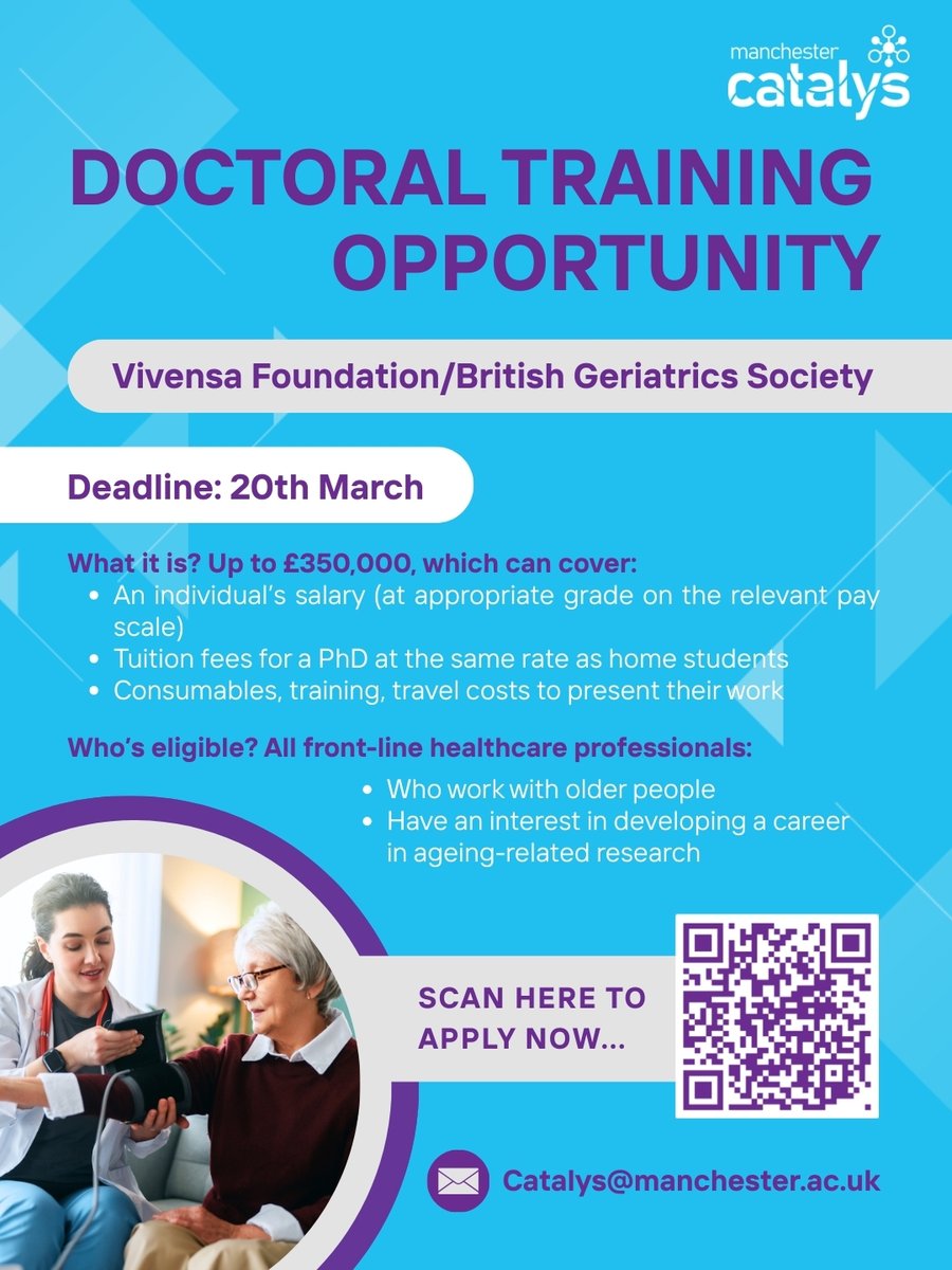 🎓 PhD funding opportunity! The Vivensa Foundation/BGS Doctoral Training Fellowship supports front-line healthcare professionals to develop careers in ageing-related research
💷 Up to £350k
👩‍⚕️Open to nurses, AHPs &amp; doctors
📅20 Mar 2026
Scan the QR code to apply
#PhDFunding